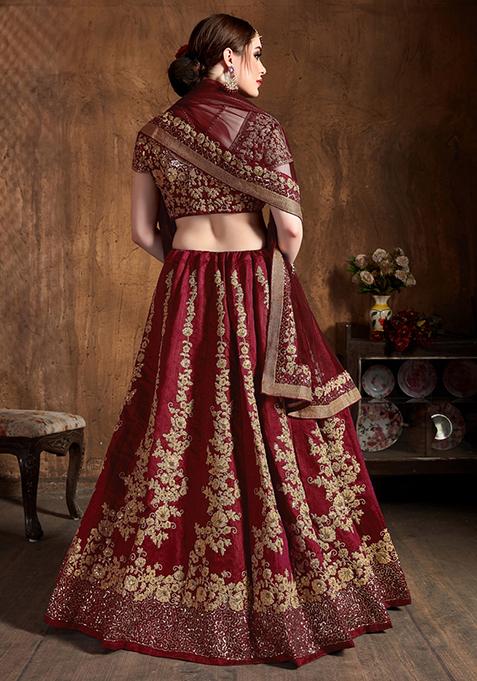 Maroon Embroidered Raw Silk Lehenga Set