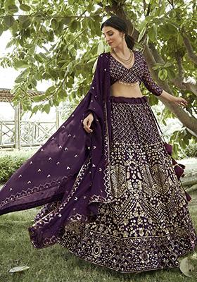 Purple Embroidered Georgette Lehenga Set