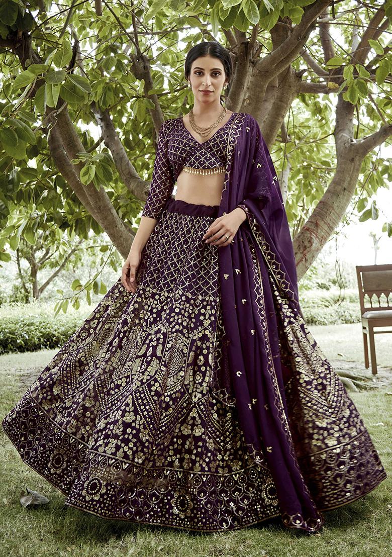 Purple Embroidered Georgette Lehenga Set