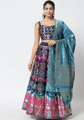 Blue Jacquard Work Banarasi Silk Jacquard Lehenga Set