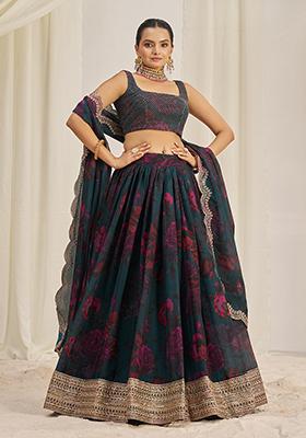 Teal Blue Zari Sequin Embroidered Organza Lehenga Set