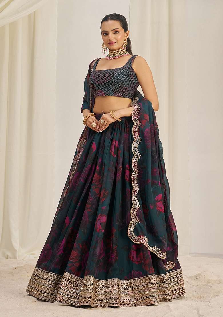 Teal Blue Zari Sequin Embroidered Organza Lehenga Set - Indya