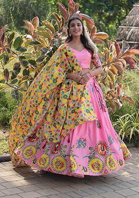 Pink Printed Silk Lehenga Set