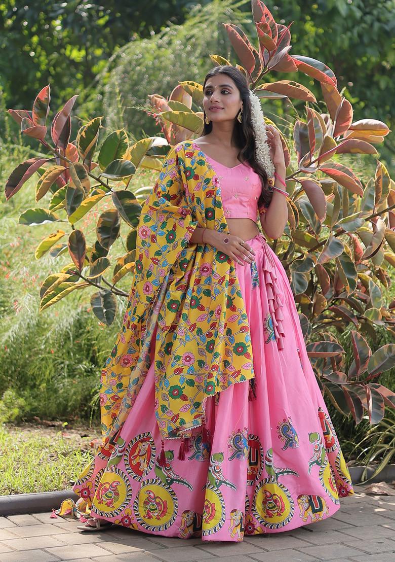 Pink Printed Silk Lehenga Set