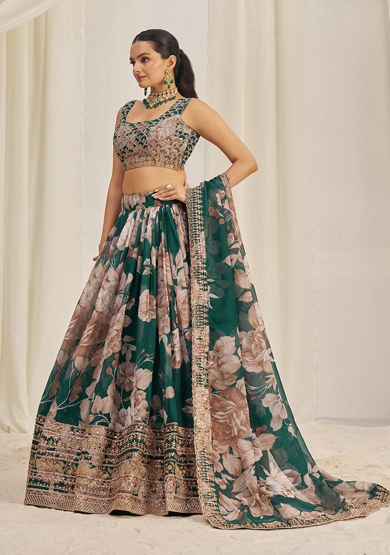 Dark Green Zari Sequin Embroidered Organza Lehenga Set