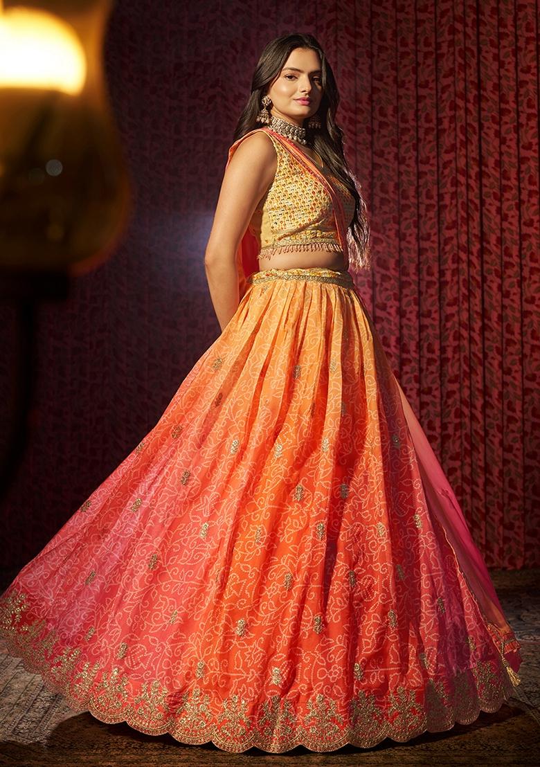 Orange Embroidered Art Silk Lehenga Set