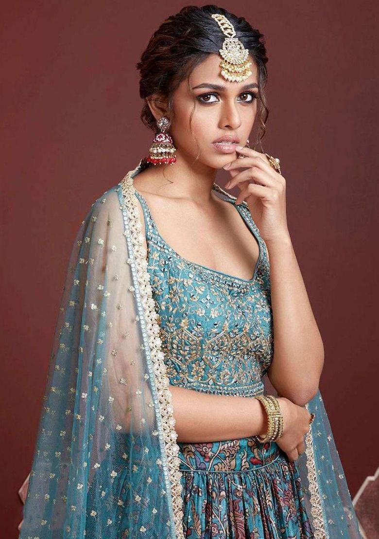 Blue Embroidered Chinon Silk Lehenga Set