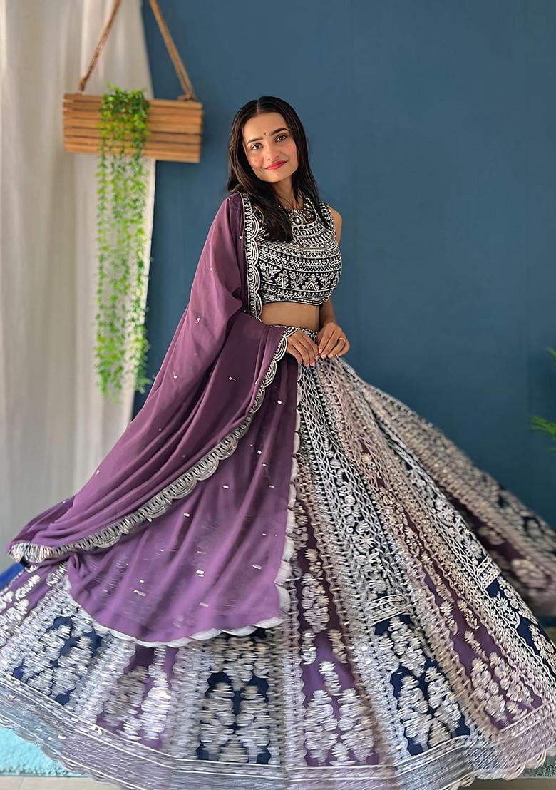Purple Sequin Thread Embroidered Georgette Lehenga Set