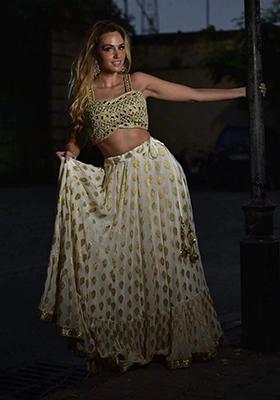 Golden Sequin Thread Embroidered Net Lehenga Set