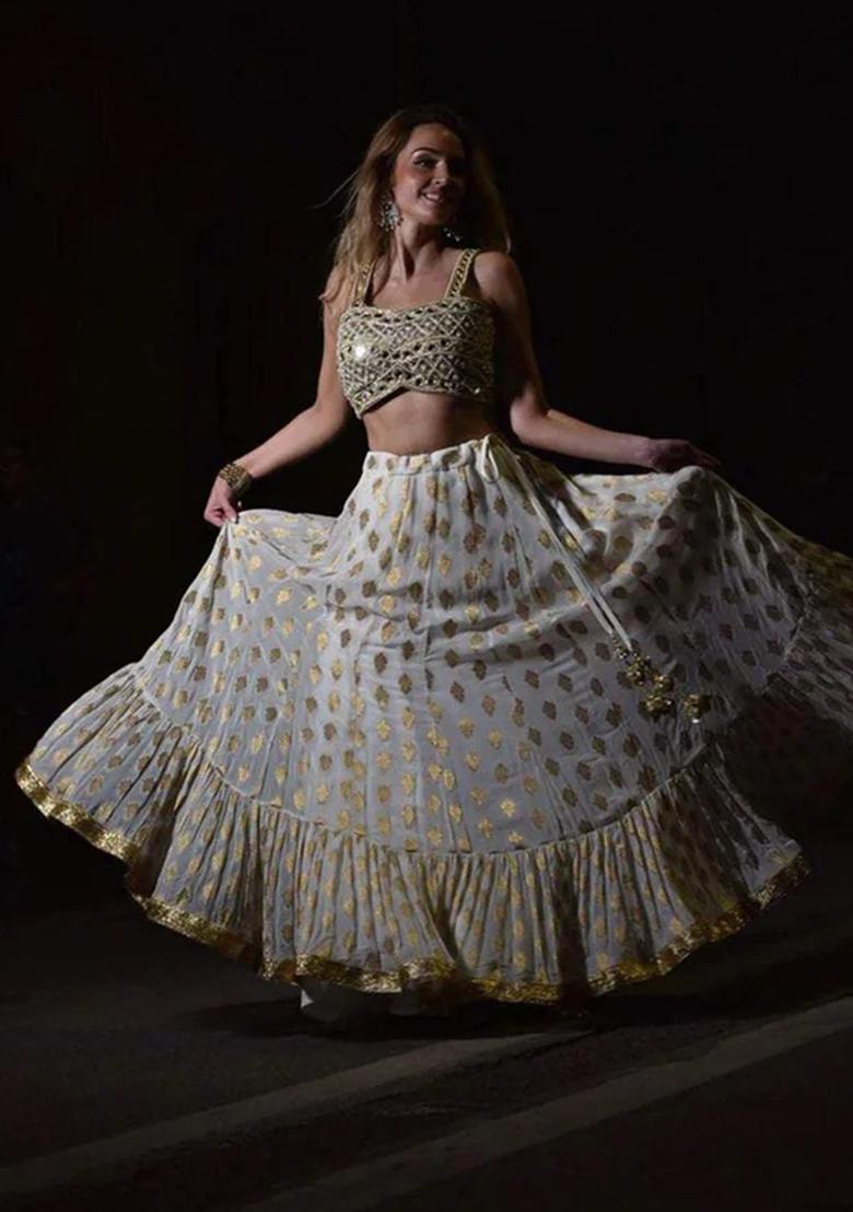 Golden Sequin Thread Embroidered Net Lehenga Set
