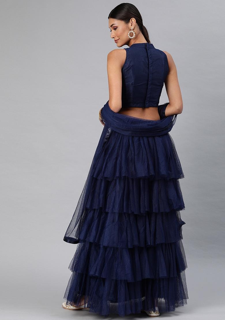 Blue Solid Net Lehenga Set