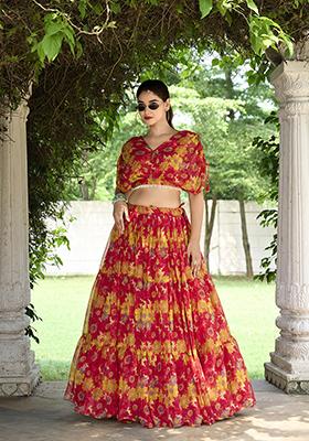 Red Floral Print Tussar Silk Lehenga Set