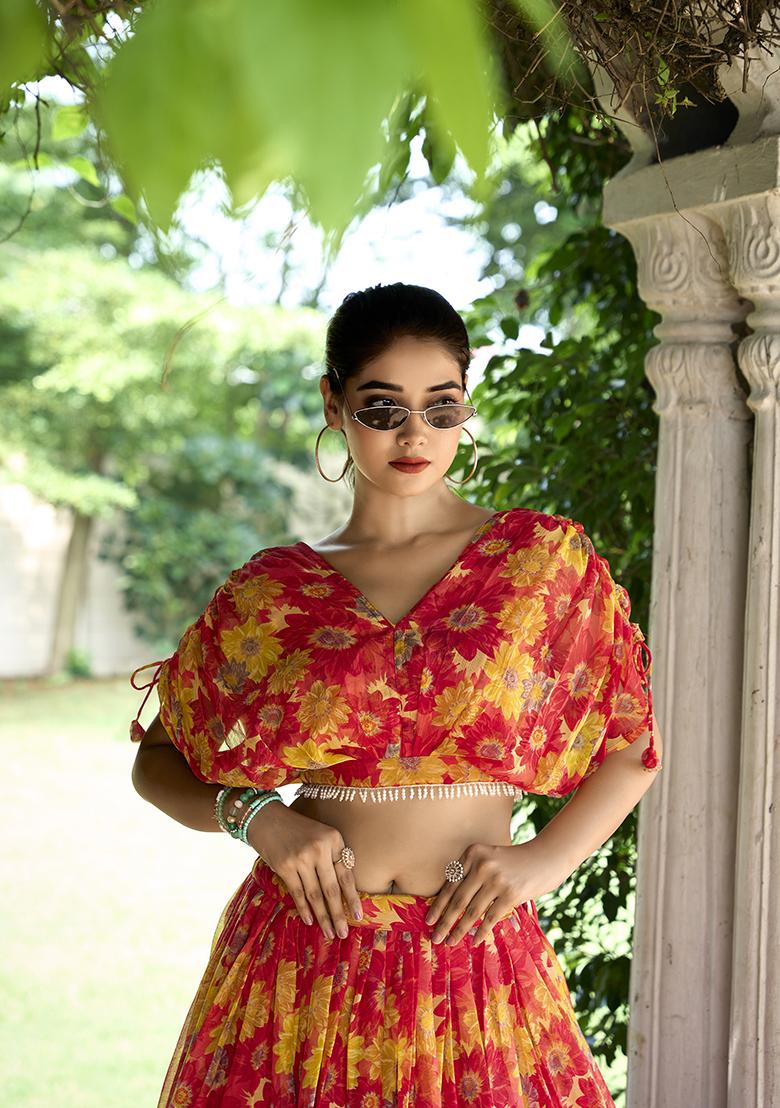 Red Floral Print Tussar Silk Lehenga Set