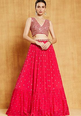 Red Sequin Zari Embroidered Faux Georgette Lehenga Set