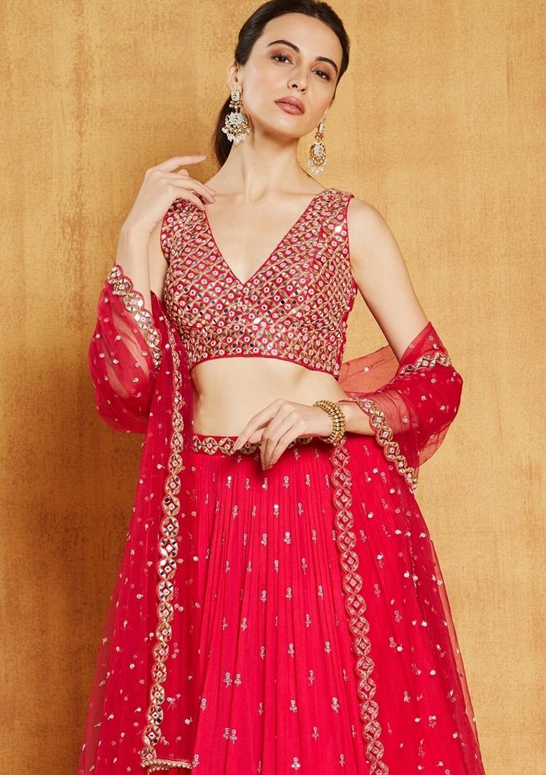 Red Sequin Zari Embroidered Faux Georgette Lehenga Set