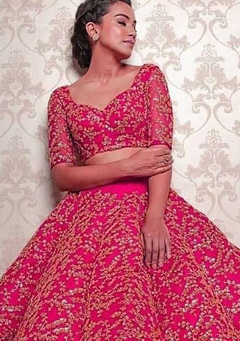 Pink Sequin Zari Embroidered Banglori Silk Lehenga Set