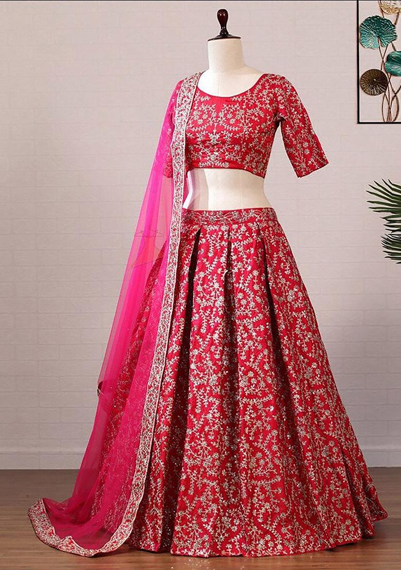 Pink Sequin Zari Embroidered Banglori Silk Lehenga Set