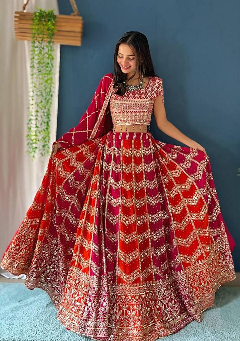 Multicolor Sequin Thread Embroidered Faux Georgette Lehenga Set