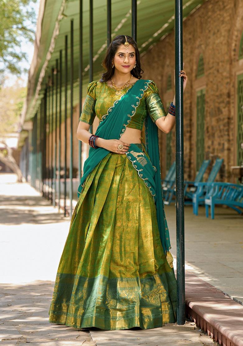 Parrot Green Zari Woven Kanjivaram Lehenga Set