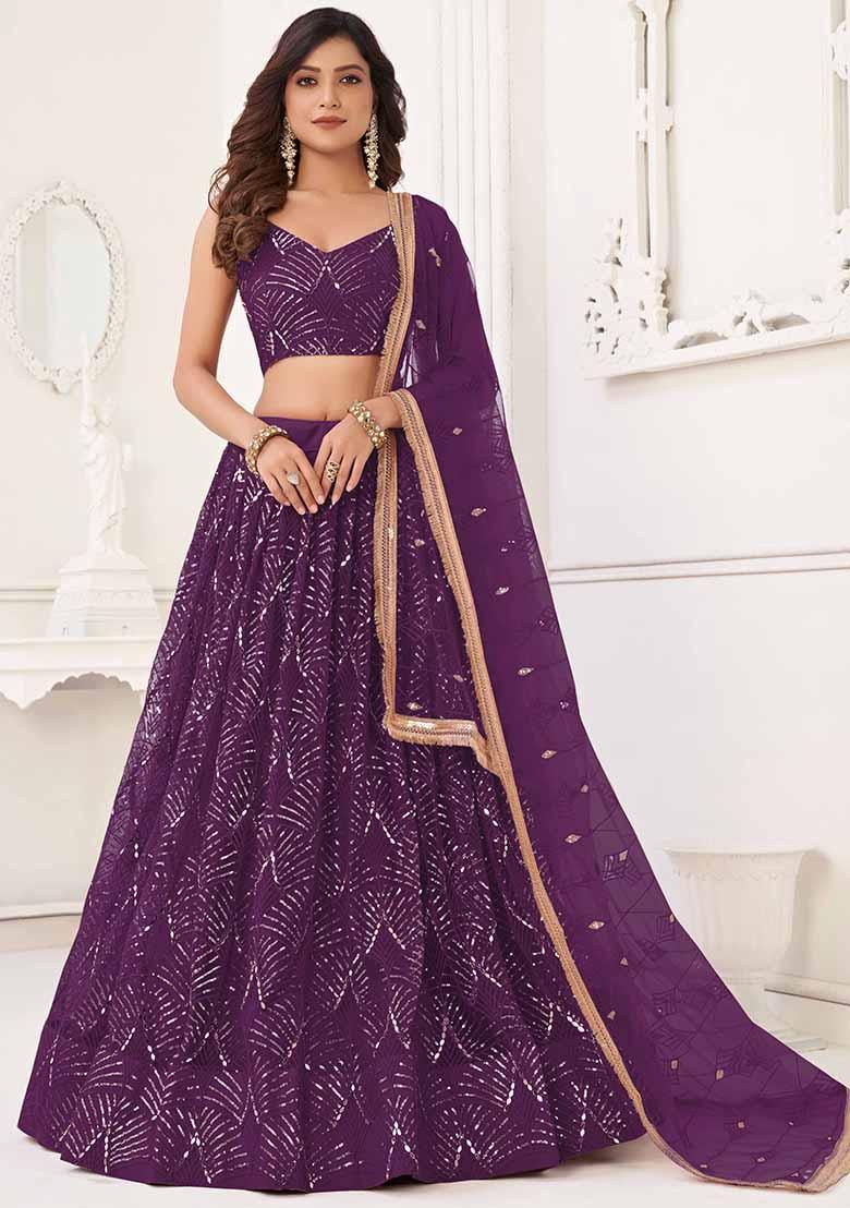 Wine Thread Sequin Embroidered Net Lehenga Set