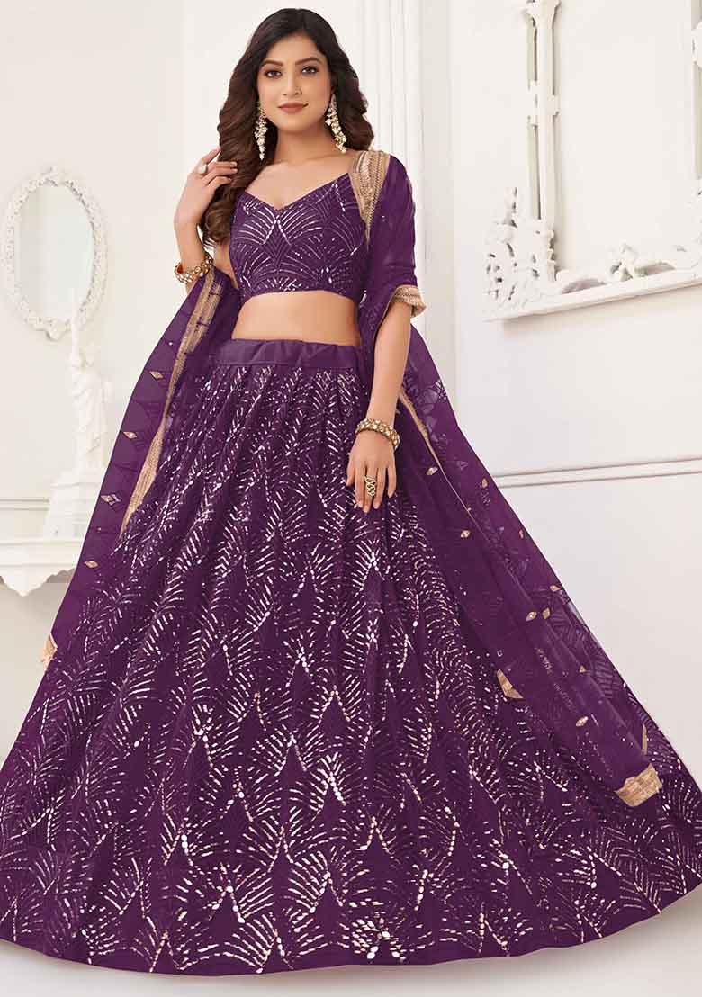 Wine Thread Sequin Embroidered Net Lehenga Set
