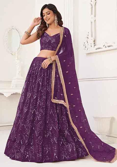 Wine Thread Sequin Embroidered Net Lehenga Set
