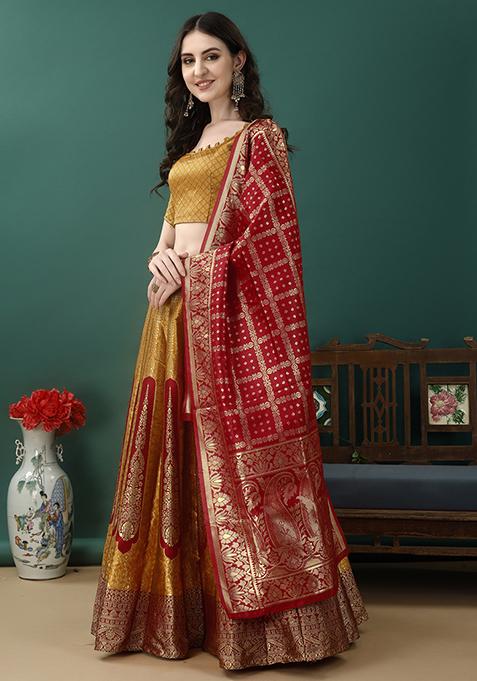 Golden Embroidered Soft Silk Jacquard Lehenga Set