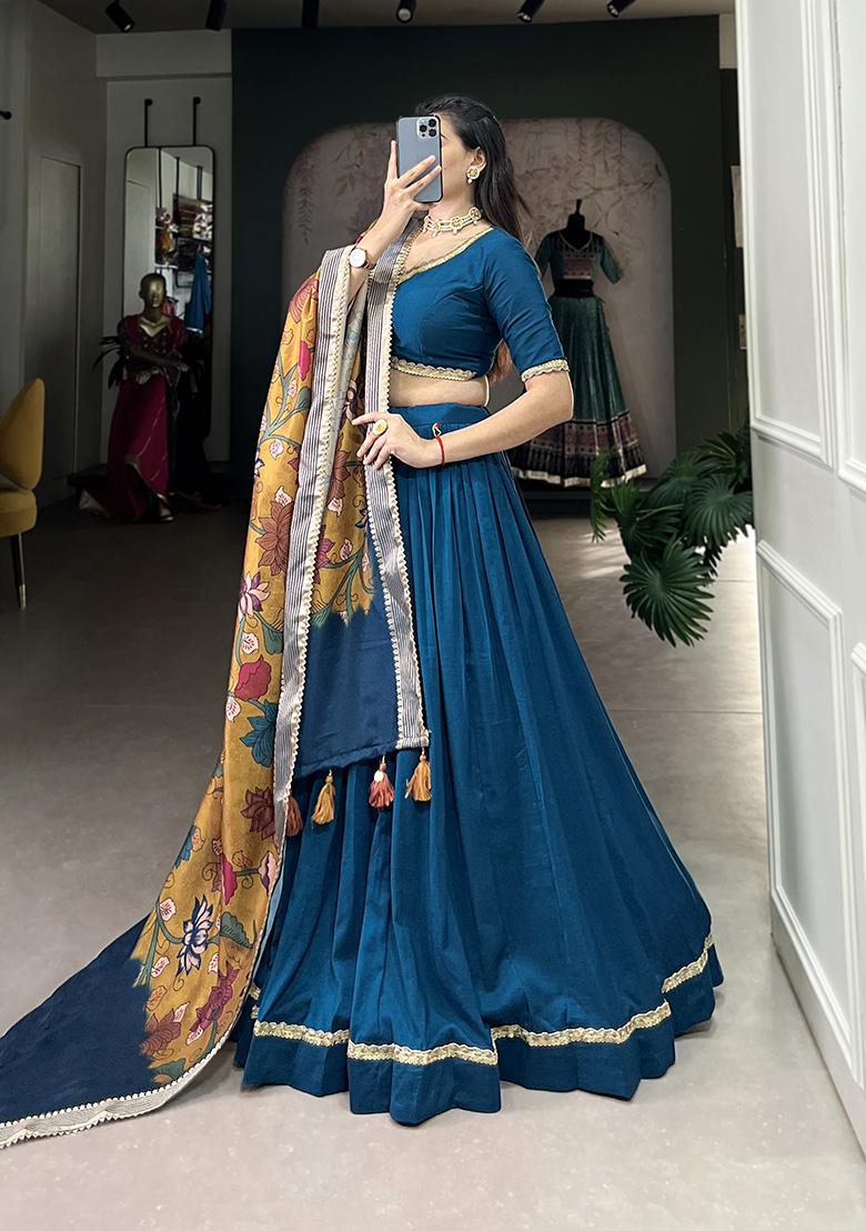 Firozi Solid Chinon Silk Lehenga Set