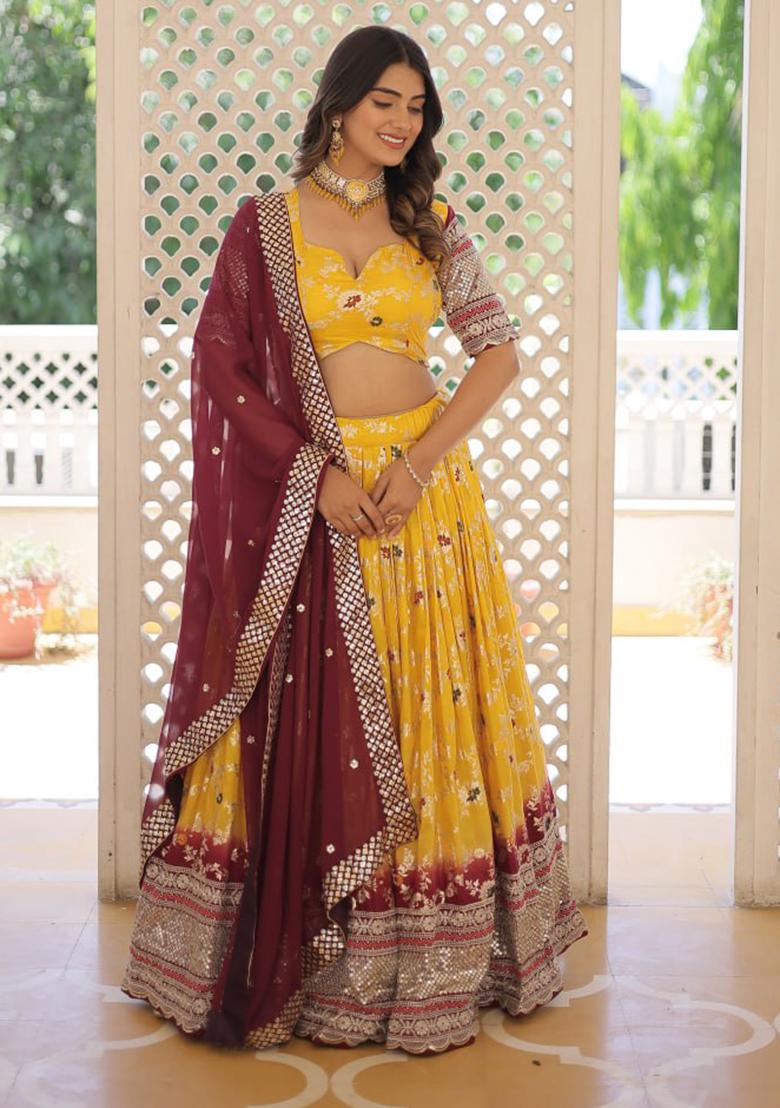 Yellow 2D Dyeing Sequin Embroidered Pure Dyeable Viscose Jacquard Lehenga Set