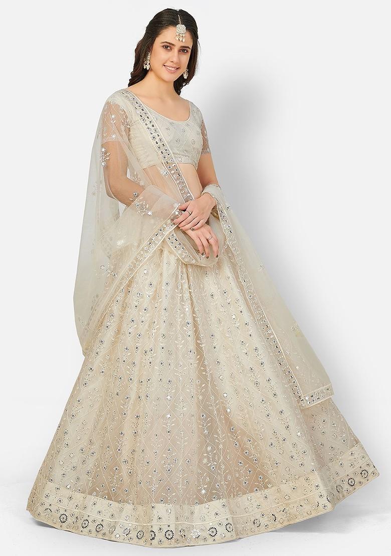 Off White Embroidered Poly Blend Lehenga Set