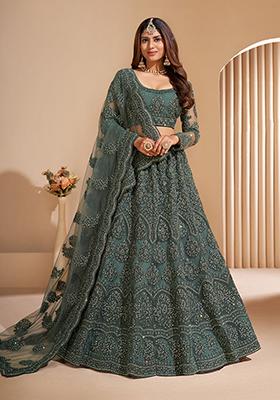 Olive Green Thread Embroidered Net Lehenga Set