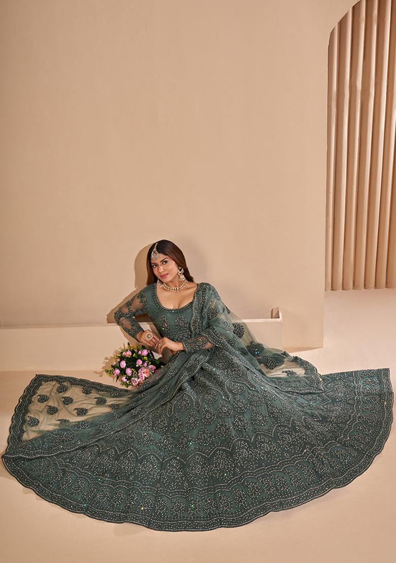 Olive Green Thread Embroidered Net Lehenga Set