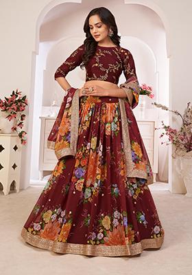 Maroon Digital Print Sequin Embroidered Georgette Lehenga Set