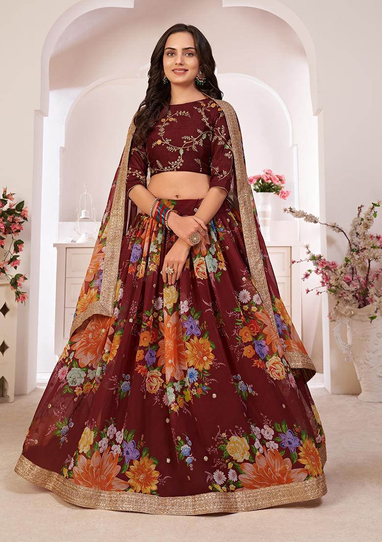 Maroon Digital Print Sequin Embroidered Georgette Lehenga Set