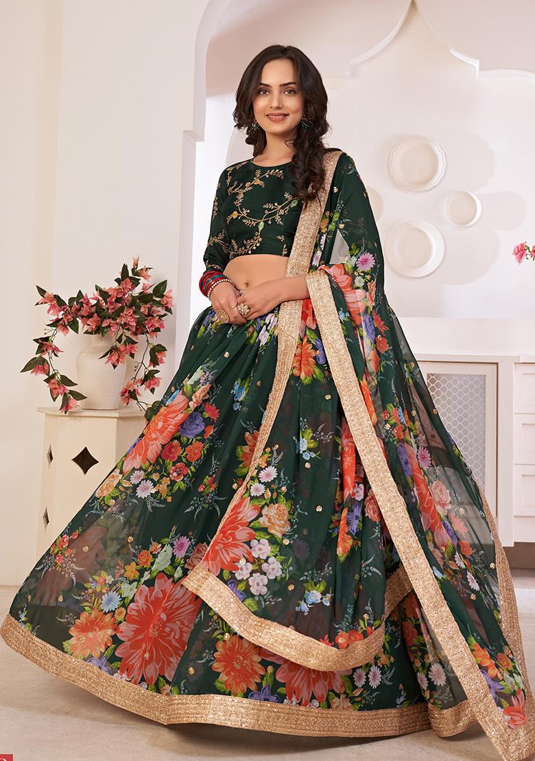 Green Digital Print Sequin Embroidered Georgette Lehenga Set