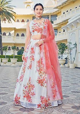 White Printed Poly Blend Lehenga Set