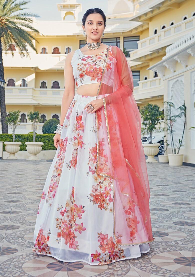 White Printed Poly Blend Lehenga Set
