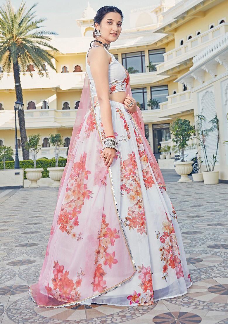 White Printed Poly Blend Lehenga Set