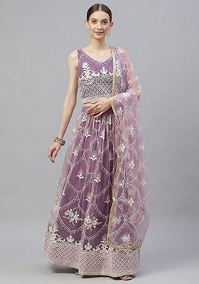 Lavender Thread Embroidered Net Lehenga Set