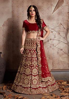 Red Sequin Zari Embroidered Velvet Lehenga Set