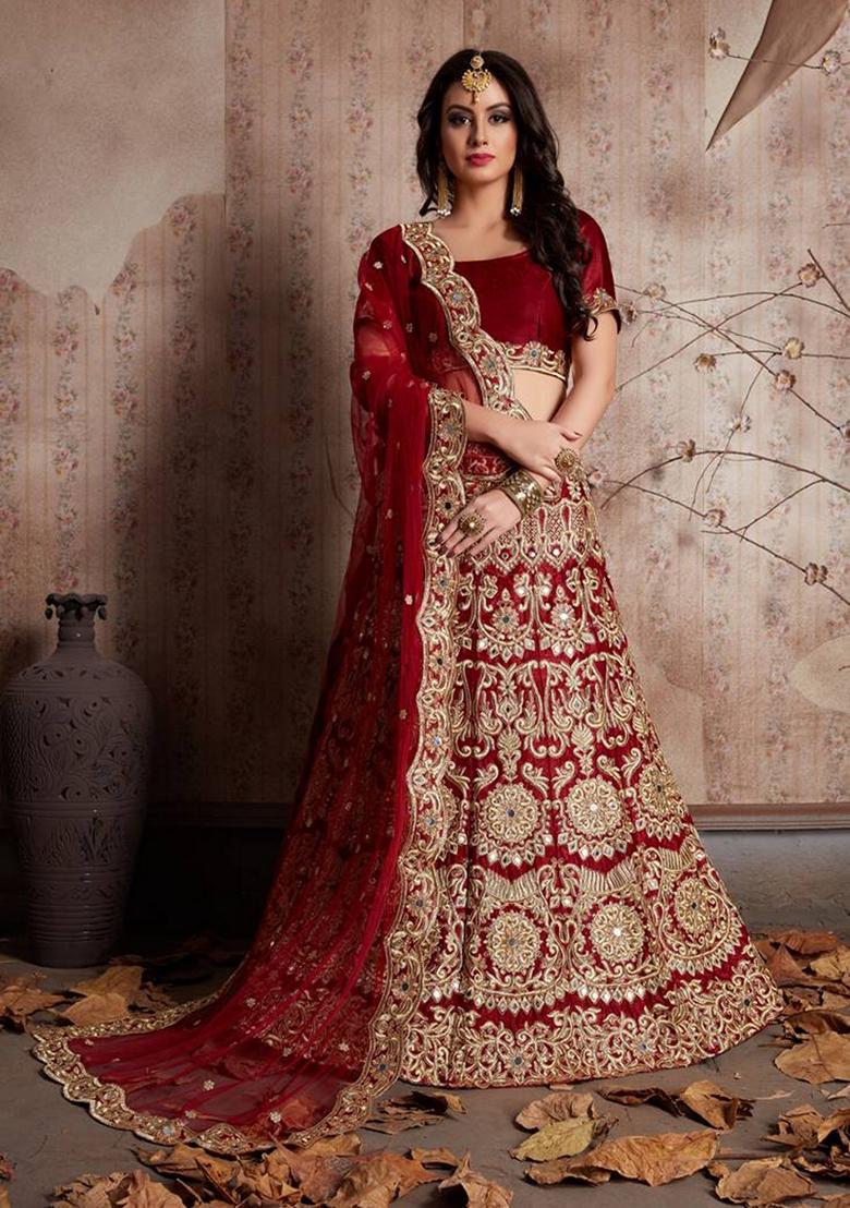 Red Sequin Zari Embroidered Velvet Lehenga Set