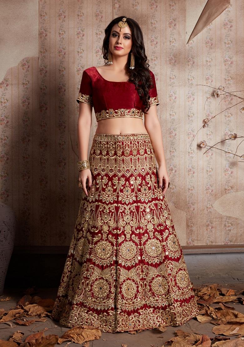 Red Sequin Zari Embroidered Velvet Lehenga Set
