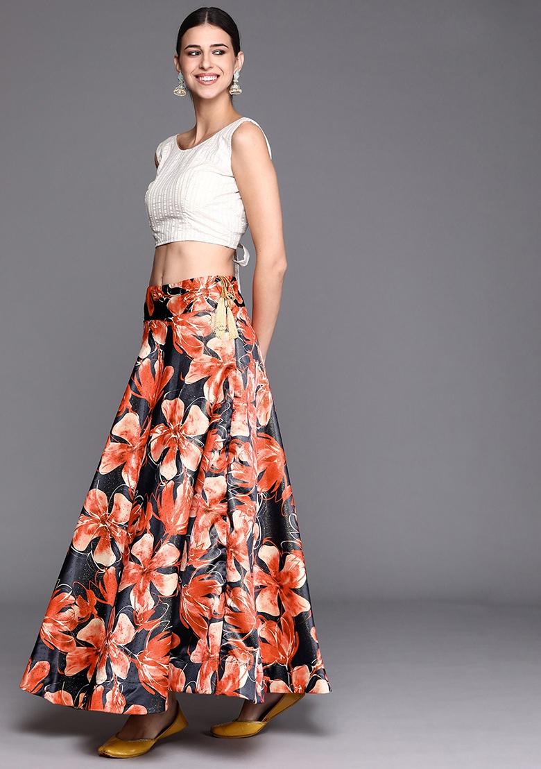 Black Printed Silk Lehenga Set