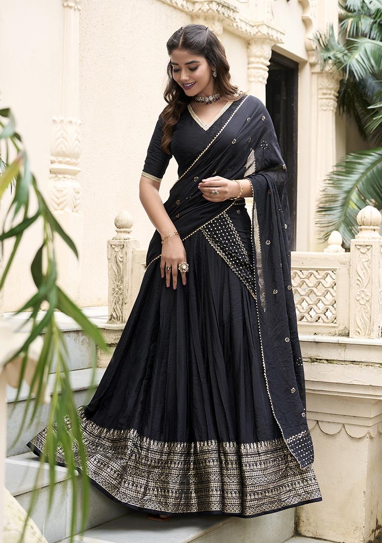 Black Zari Woven Pure Chanderi Lehenga Set