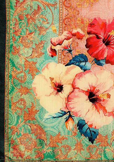 Teal Printed Silk Lehenga Set