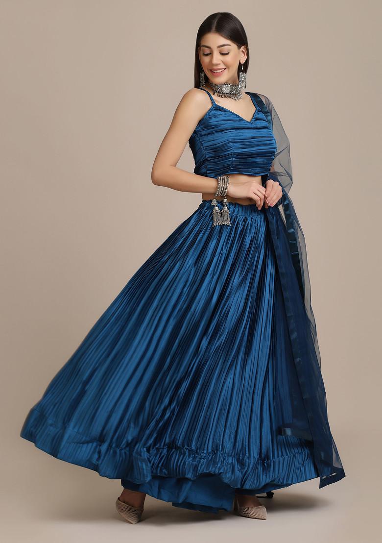 Blue Pleated Satin Silk Lehenga Set