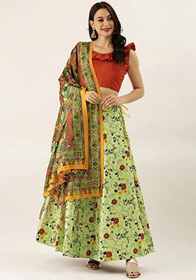Green Printed Silk Lehenga Set