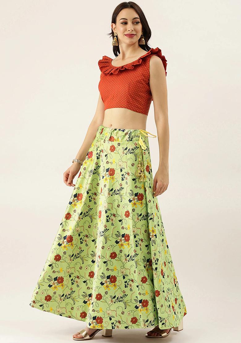 Green Printed Silk Lehenga Set