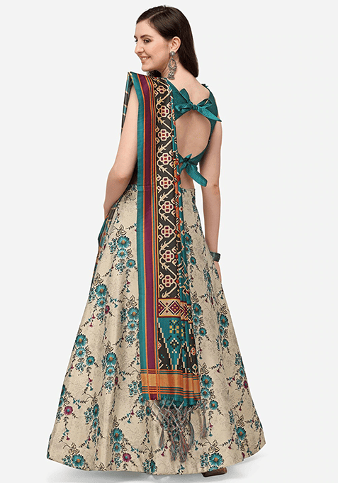Multicolor Printed Silk Lehenga Set