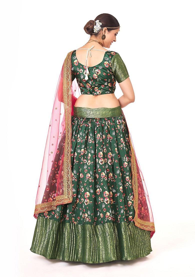 Green Printed Poly Blend Lehenga Set